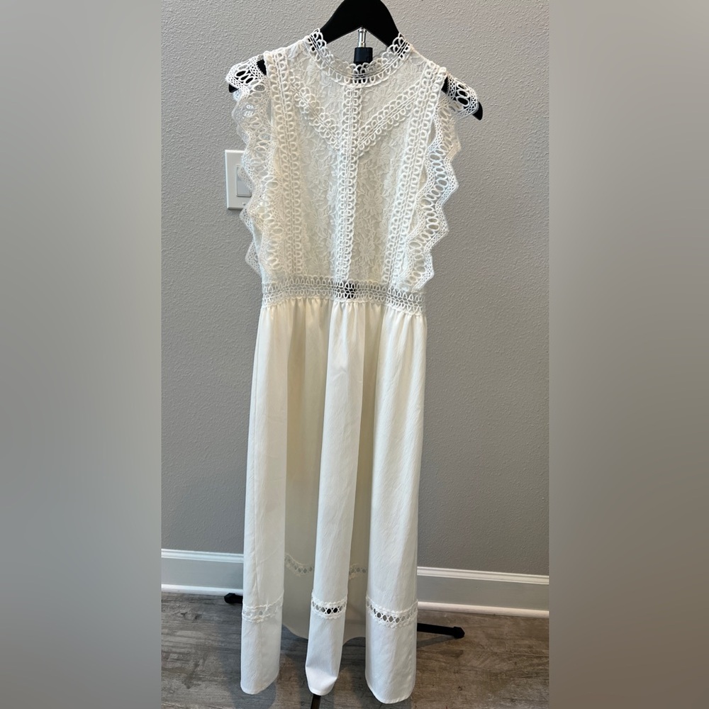 Summer White Boho Bridal Sorority Rush Pref Lace Ruffle Maxi Dress  Size L